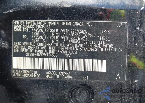 2011 Toyota Rav4 из США, поврежденный, VIN 2T3BF4DVXBW134565